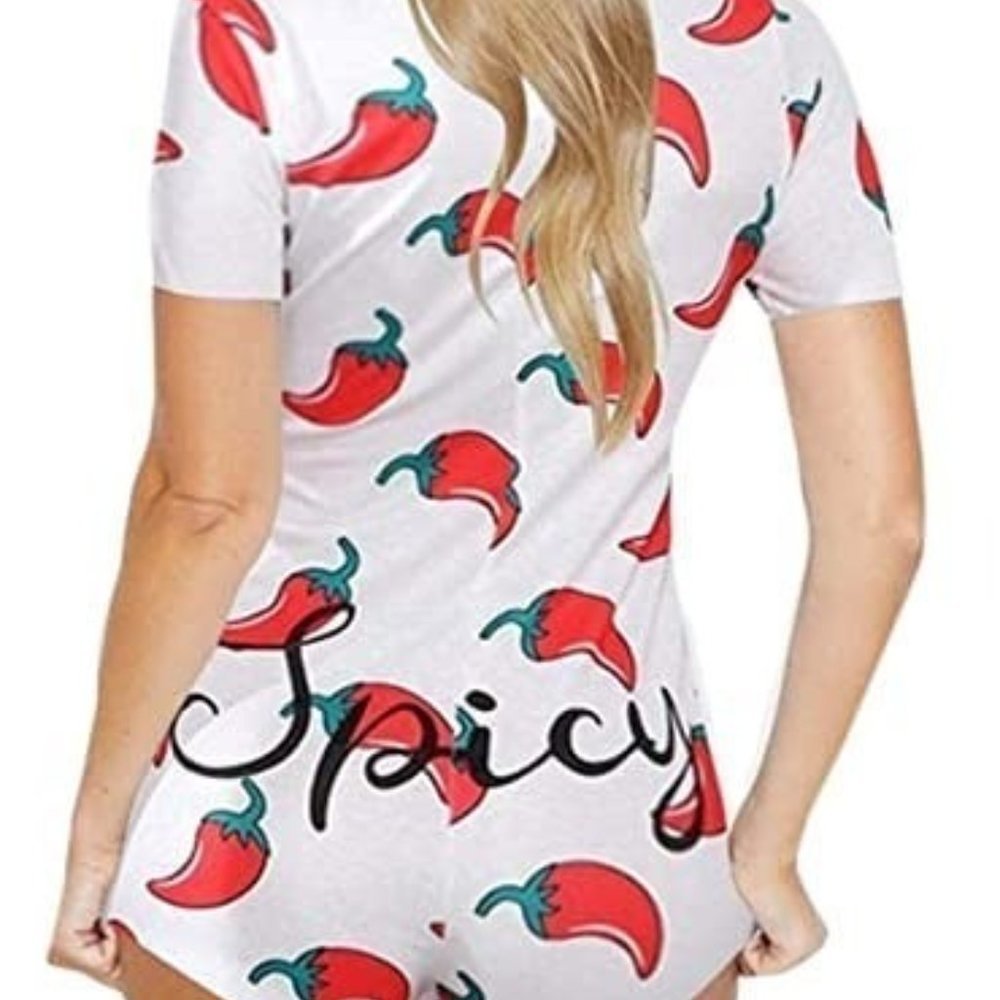 Women’s Short Sleeve Chili Pepper "Spicy" Onesie Romper SMALL THOURGH XL